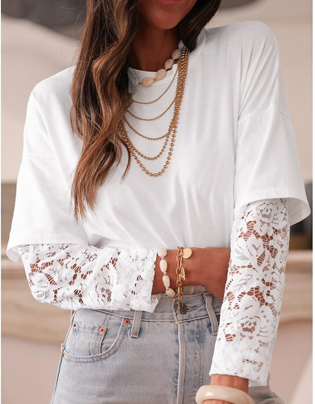 White Lace Long Sleeve Insert Drop Shoulder Tee