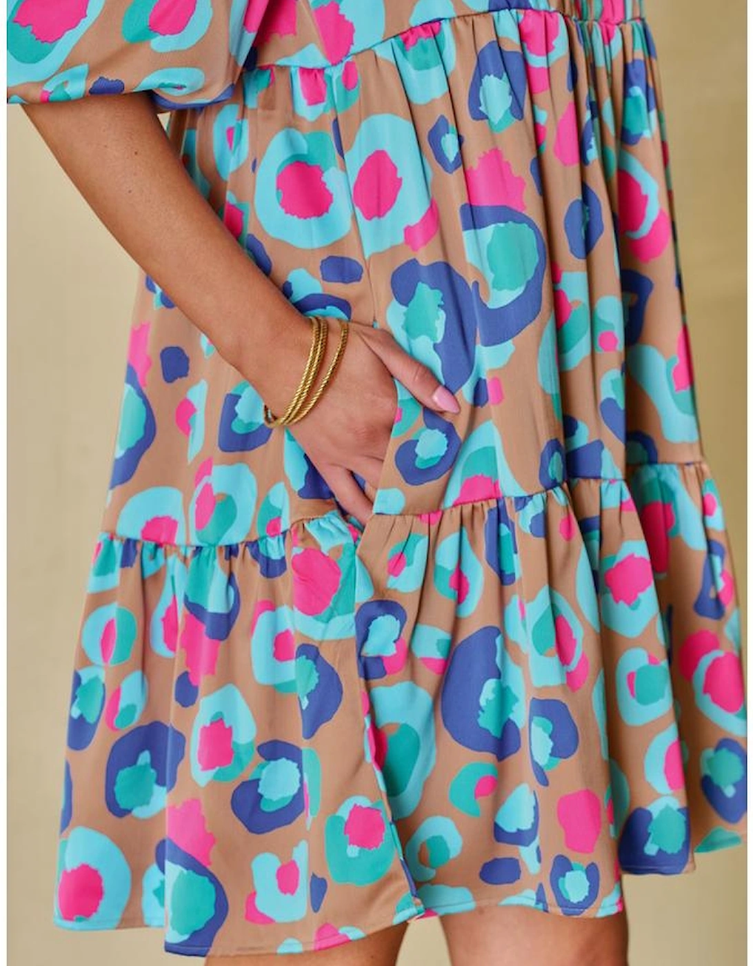 Green Leopard Print Bubble Sleeve Slit Neck Ruffled Dress, 14 of 13