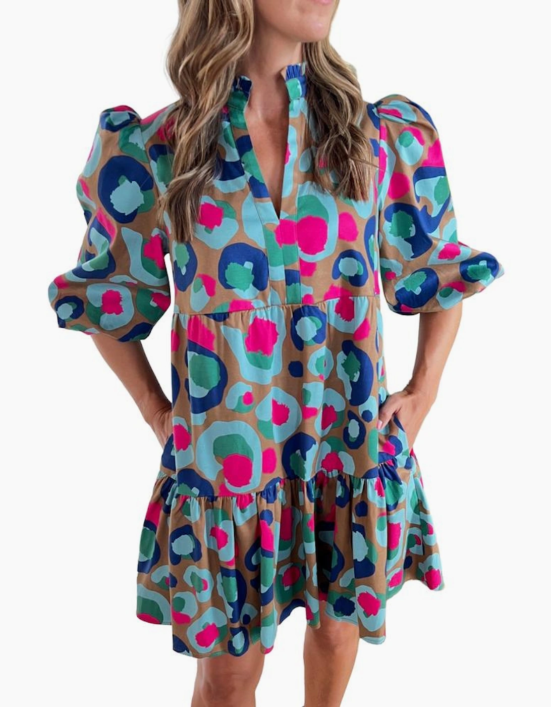 Green Leopard Print Bubble Sleeve Slit Neck Ruffled Dress