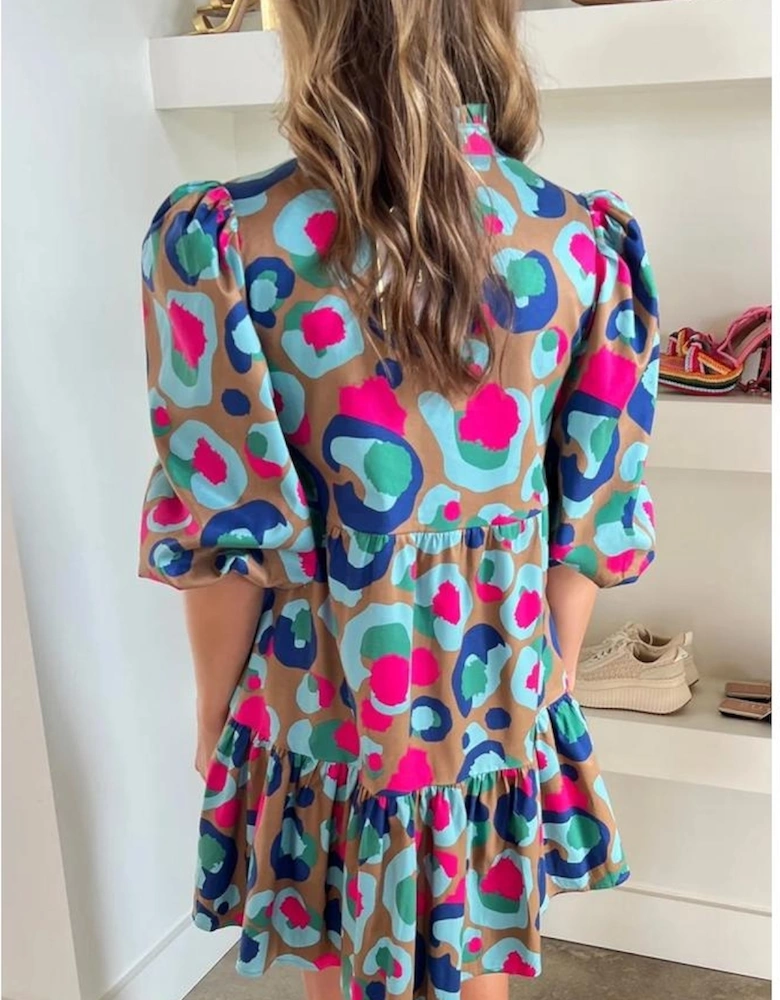 Green Leopard Print Bubble Sleeve Slit Neck Ruffled Dress