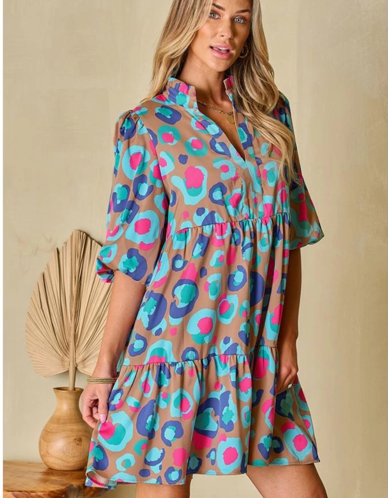 Green Leopard Print Bubble Sleeve Slit Neck Ruffled Dress