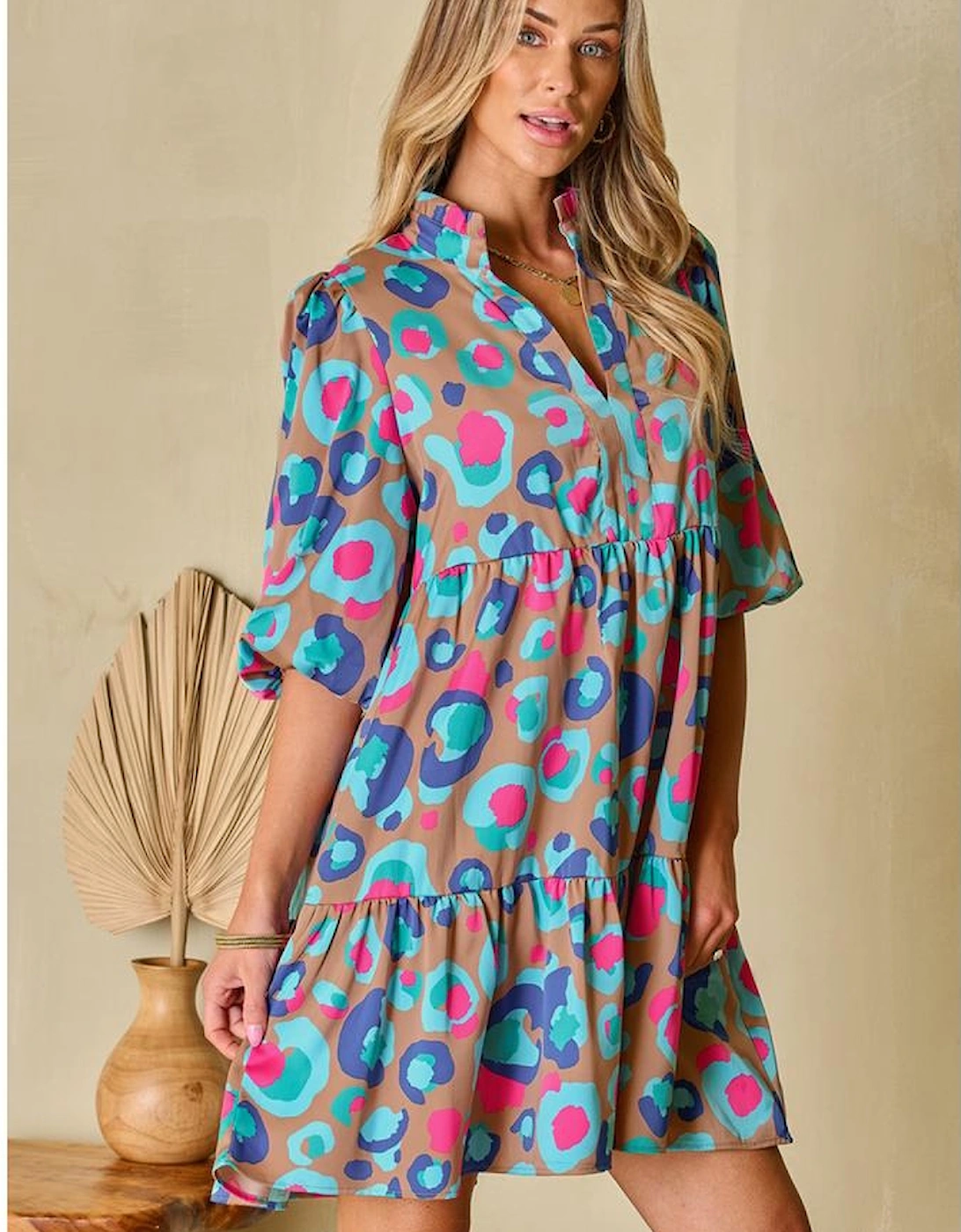 Green Leopard Print Bubble Sleeve Slit Neck Ruffled Dress