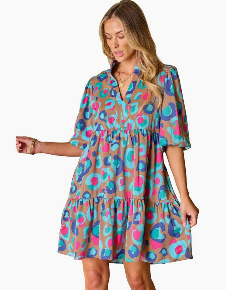 Green Leopard Print Bubble Sleeve Slit Neck Ruffled Dress