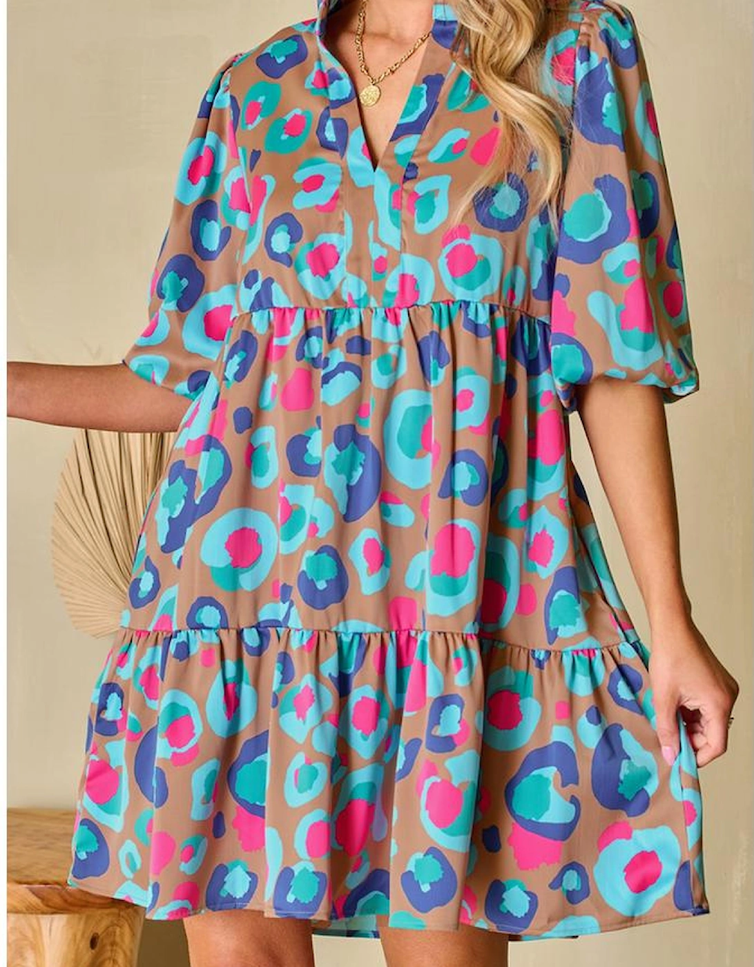 Green Leopard Print Bubble Sleeve Slit Neck Ruffled Dress