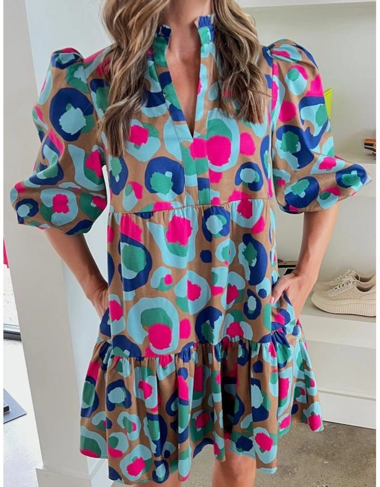 Green Leopard Print Bubble Sleeve Slit Neck Ruffled Dress