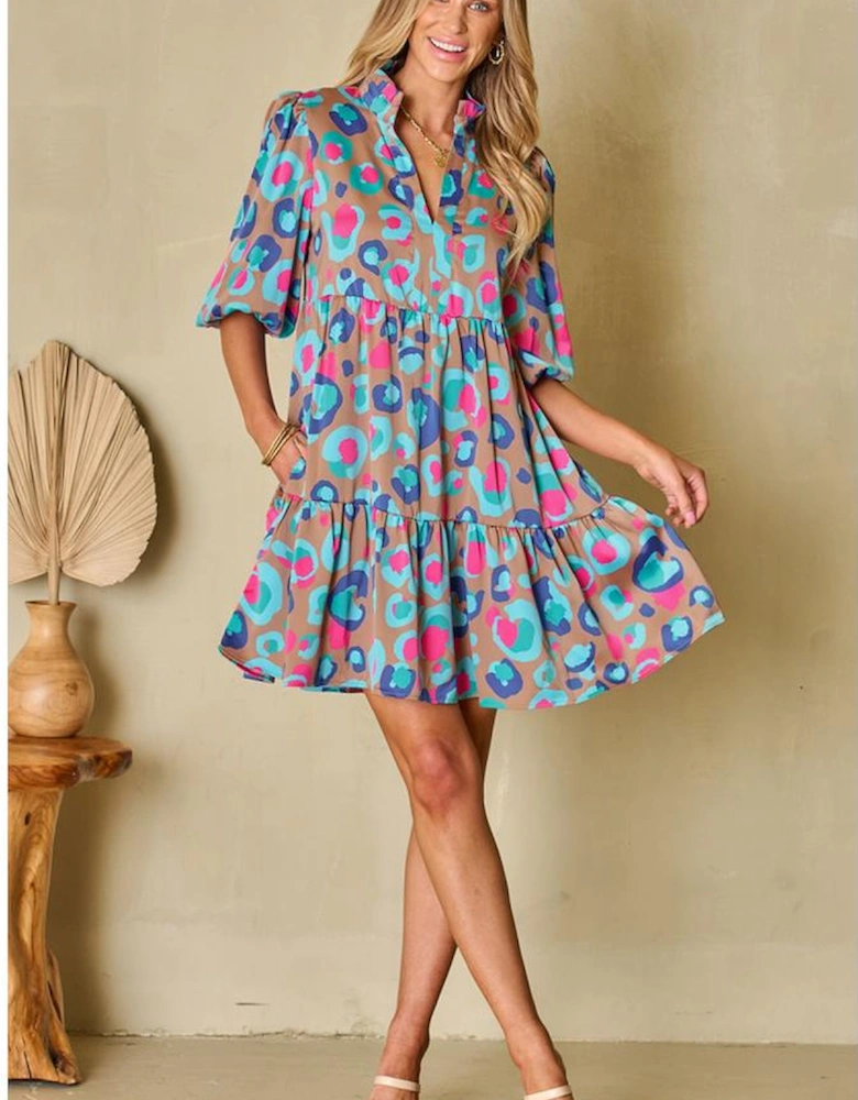 Green Leopard Print Bubble Sleeve Slit Neck Ruffled Dress