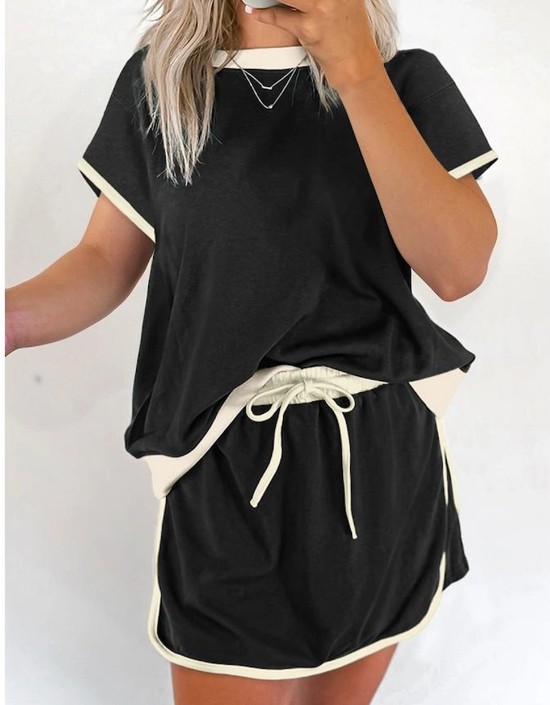 Black Colorblock Edge Drop Shoulder T Shirt and Skort 2Pcs Set