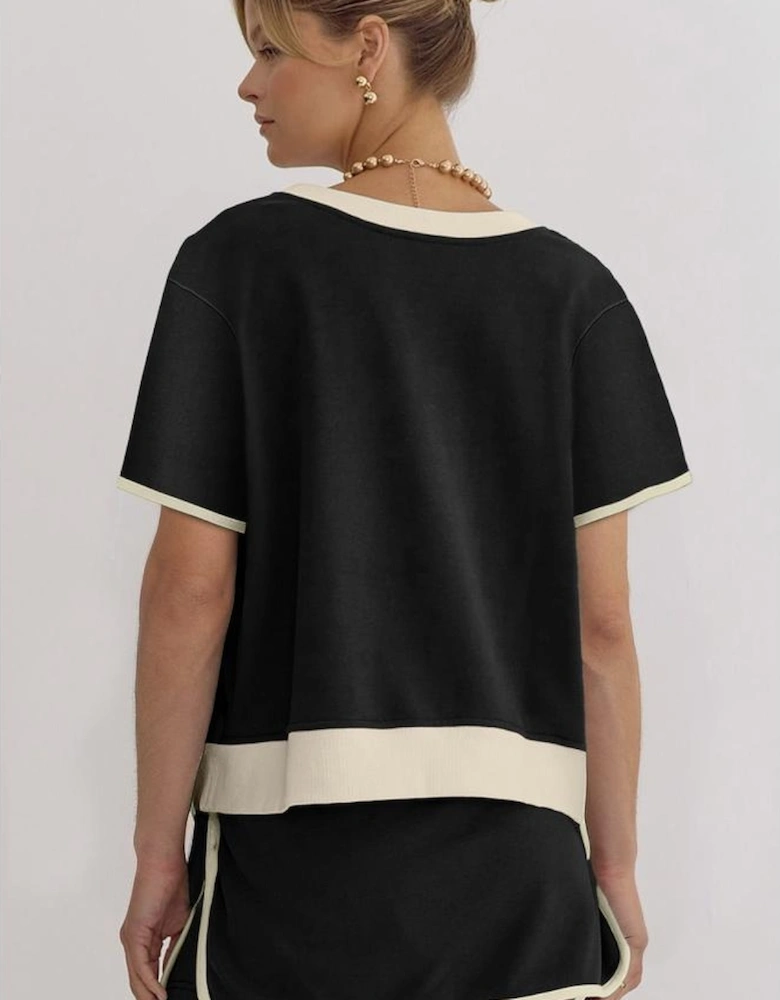 Black Colorblock Edge Drop Shoulder T Shirt and Skort 2Pcs Set