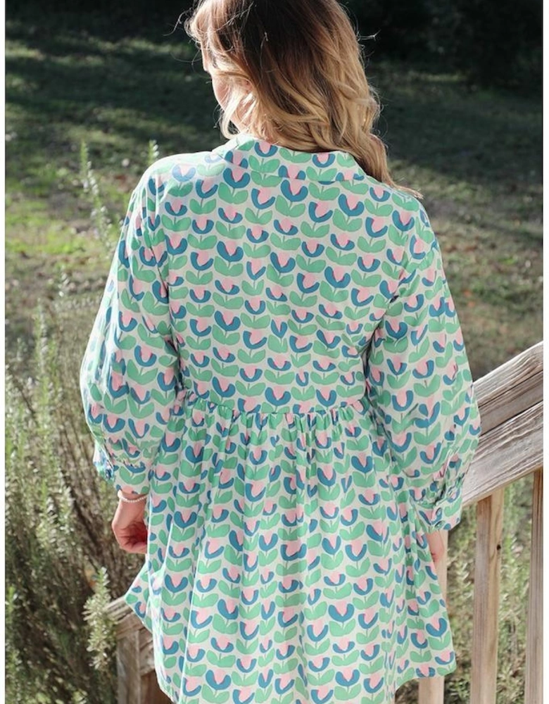 Green Floral Print Notched Neck Scalloped Detail Long Sleeve Mini Dress