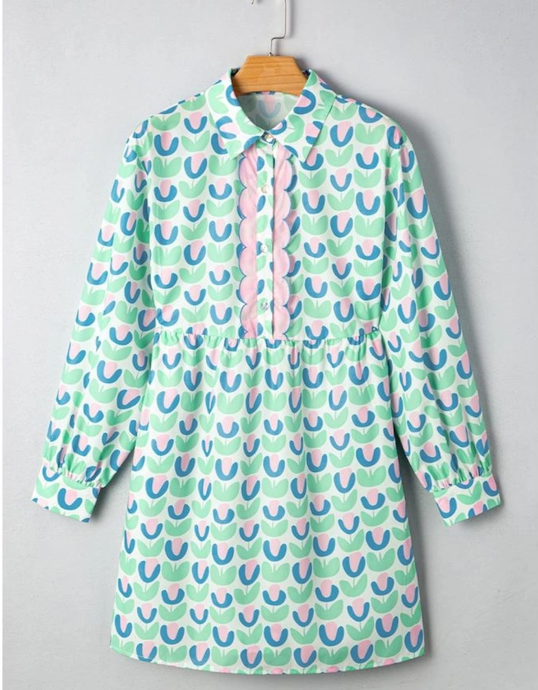 Green Floral Print Notched Neck Scalloped Detail Long Sleeve Mini Dress