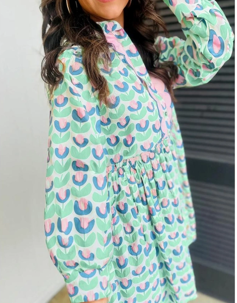 Green Floral Print Notched Neck Scalloped Detail Long Sleeve Mini Dress