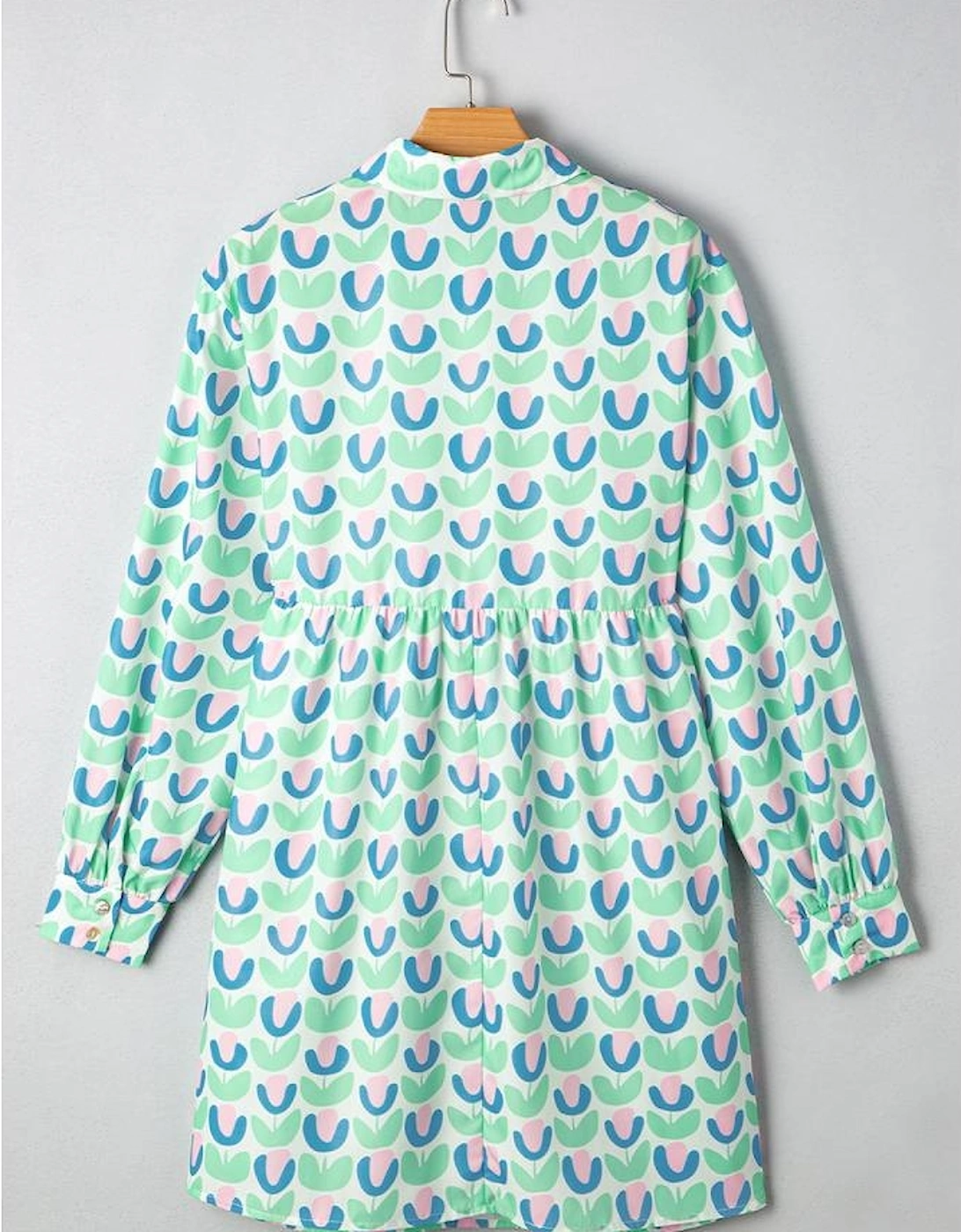 Green Floral Print Notched Neck Scalloped Detail Long Sleeve Mini Dress