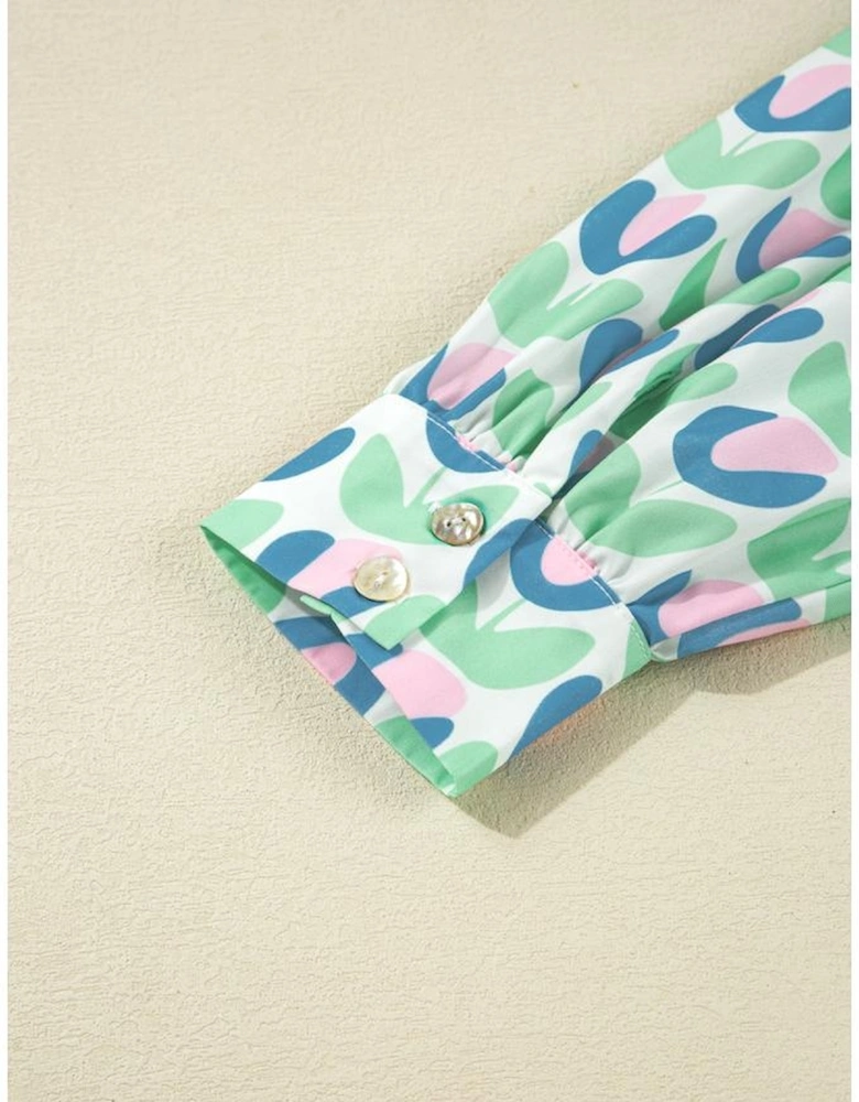 Green Floral Print Notched Neck Scalloped Detail Long Sleeve Mini Dress