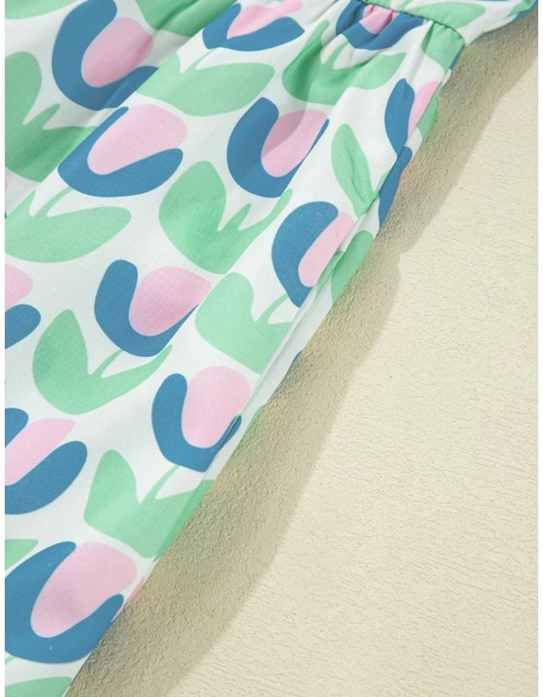 Green Floral Print Notched Neck Scalloped Detail Long Sleeve Mini Dress