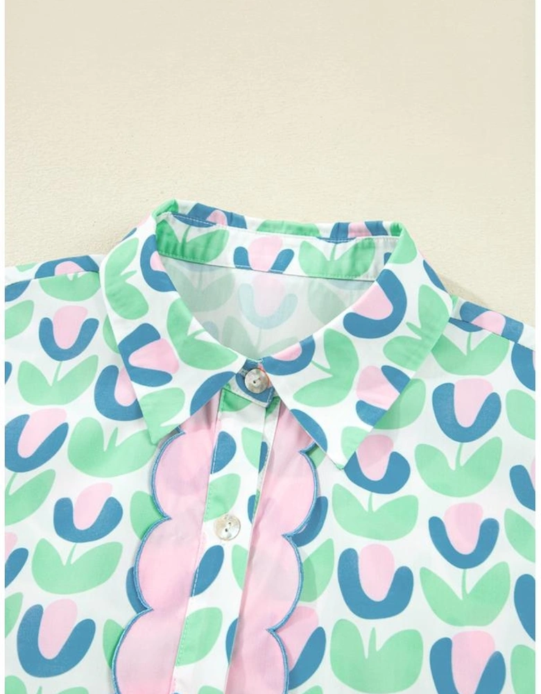 Green Floral Print Notched Neck Scalloped Detail Long Sleeve Mini Dress