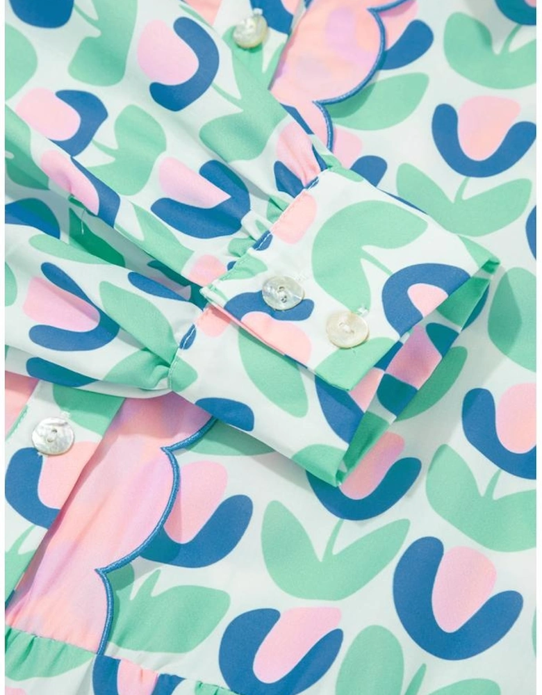 Green Floral Print Notched Neck Scalloped Detail Long Sleeve Mini Dress