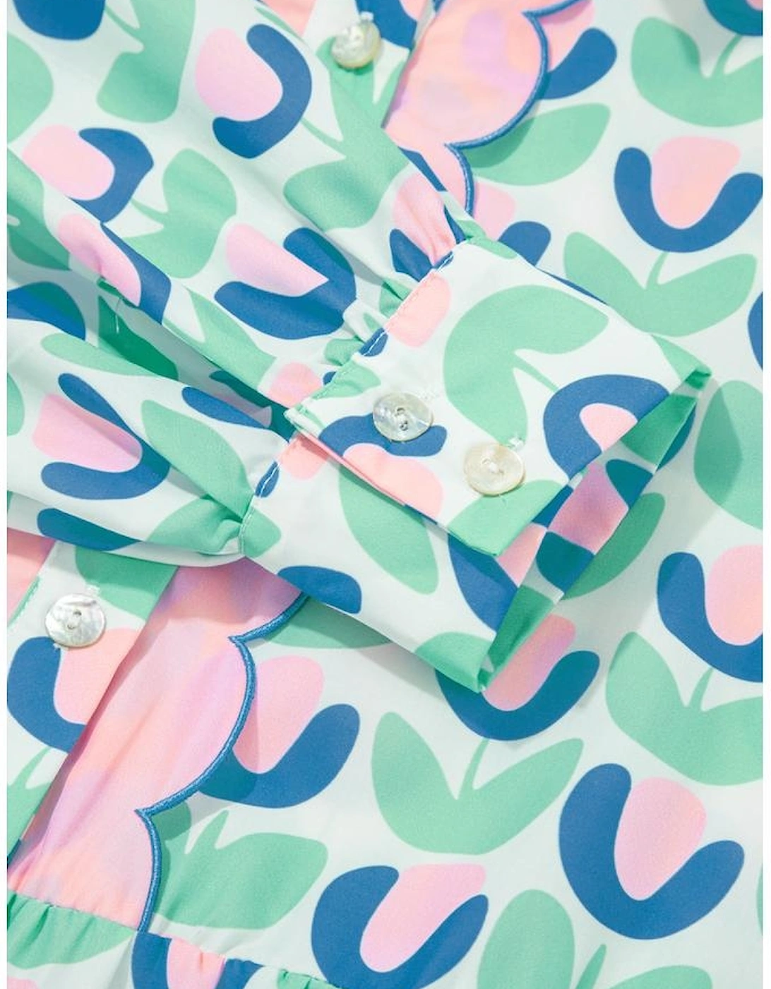 Green Floral Print Notched Neck Scalloped Detail Long Sleeve Mini Dress