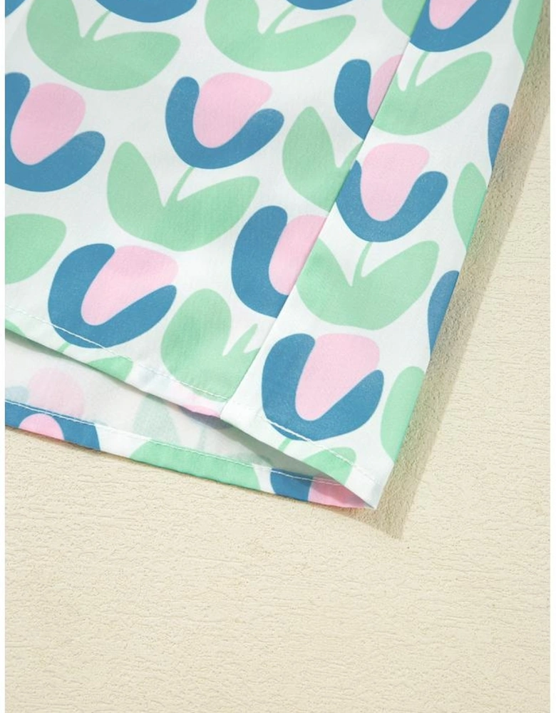 Green Floral Print Notched Neck Scalloped Detail Long Sleeve Mini Dress