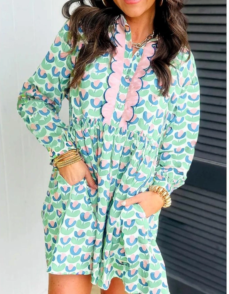 Green Floral Print Notched Neck Scalloped Detail Long Sleeve Mini Dress