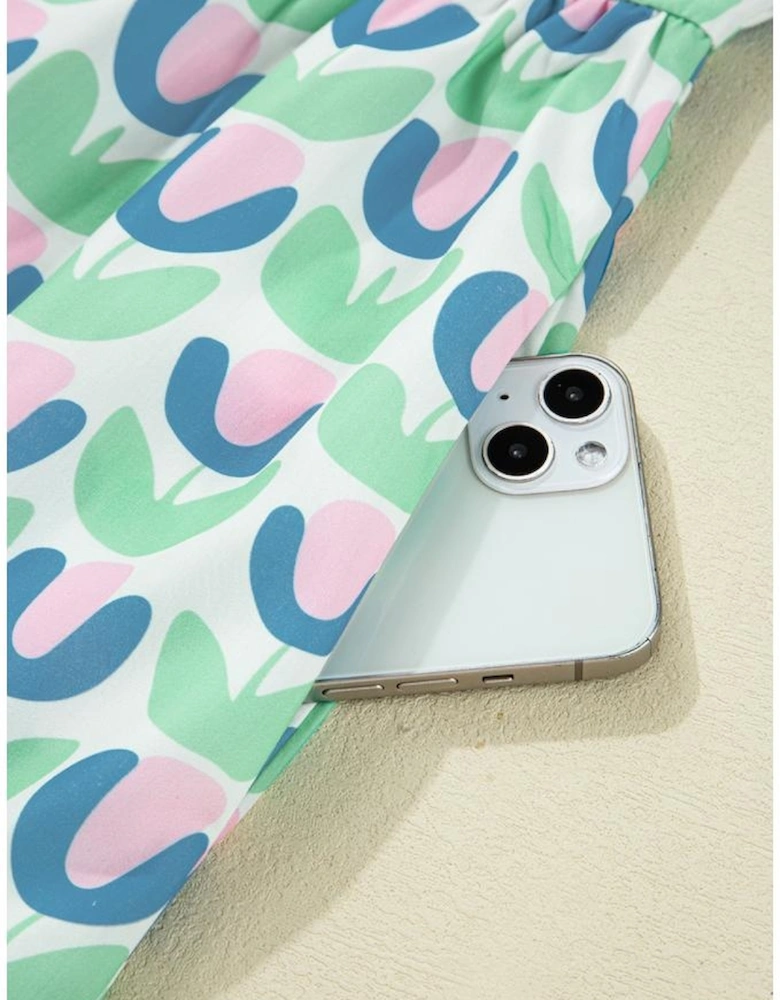 Green Floral Print Notched Neck Scalloped Detail Long Sleeve Mini Dress