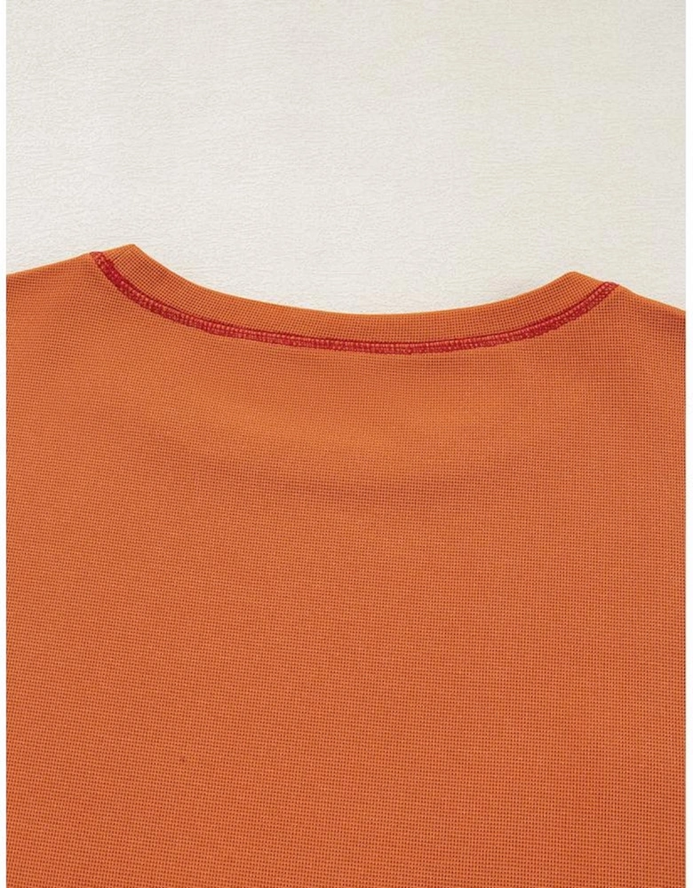 Orange Textured Knit Color Block Patchwork Chest Pocket Plus Size Top