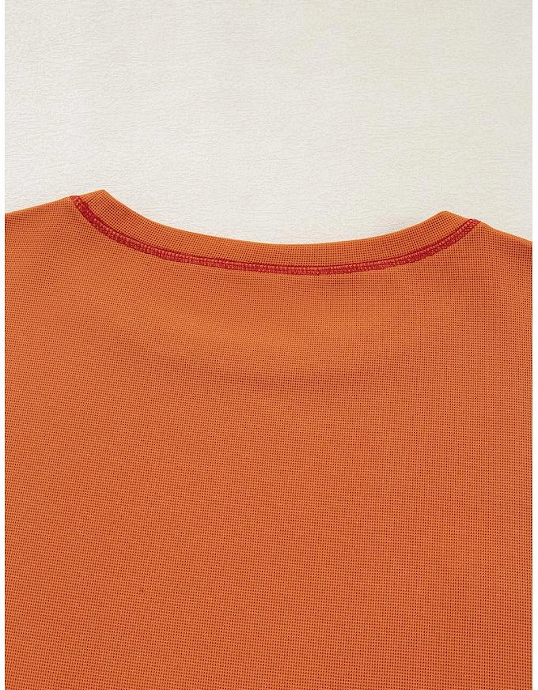 Orange Textured Knit Color Block Patchwork Chest Pocket Plus Size Top