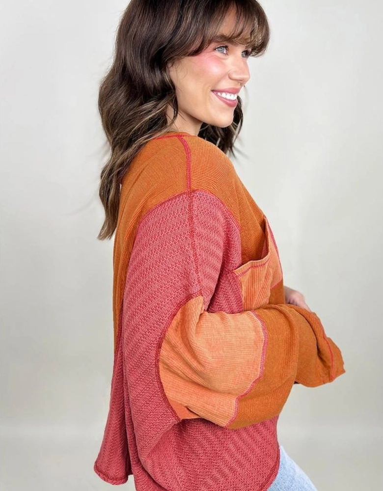 Orange Textured Knit Color Block Patchwork Chest Pocket Plus Size Top
