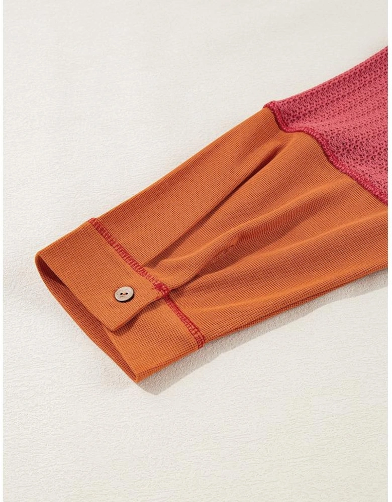 Orange Textured Knit Color Block Patchwork Chest Pocket Plus Size Top