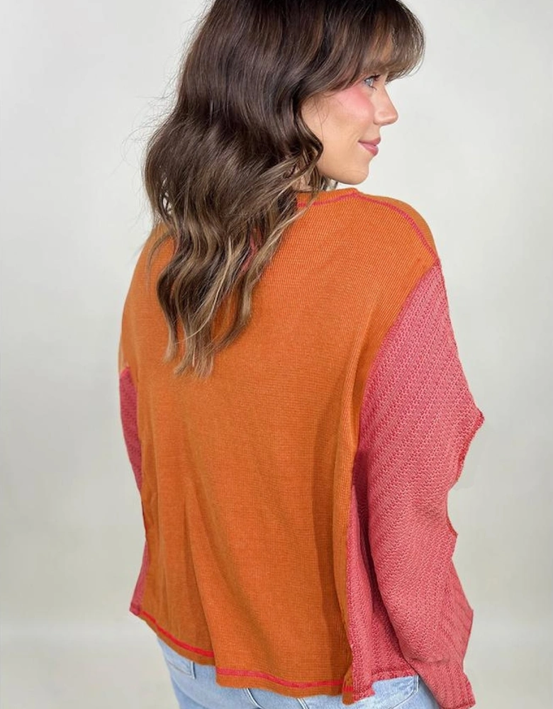 Orange Textured Knit Color Block Patchwork Chest Pocket Plus Size Top