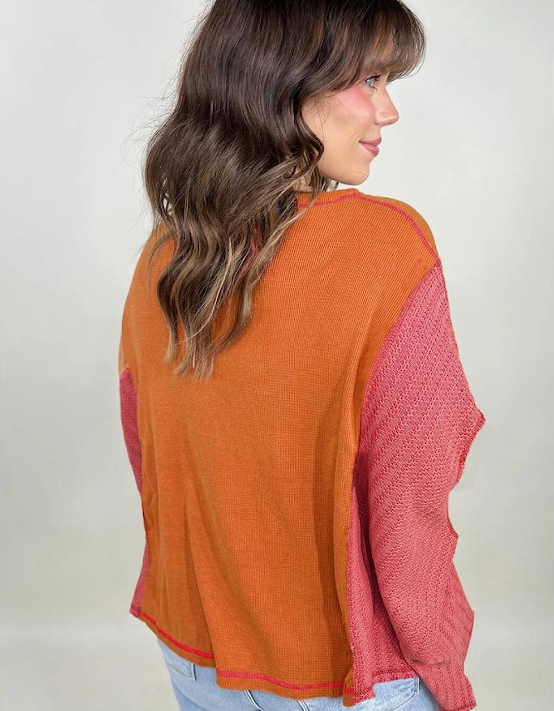 Orange Textured Knit Color Block Patchwork Chest Pocket Plus Size Top