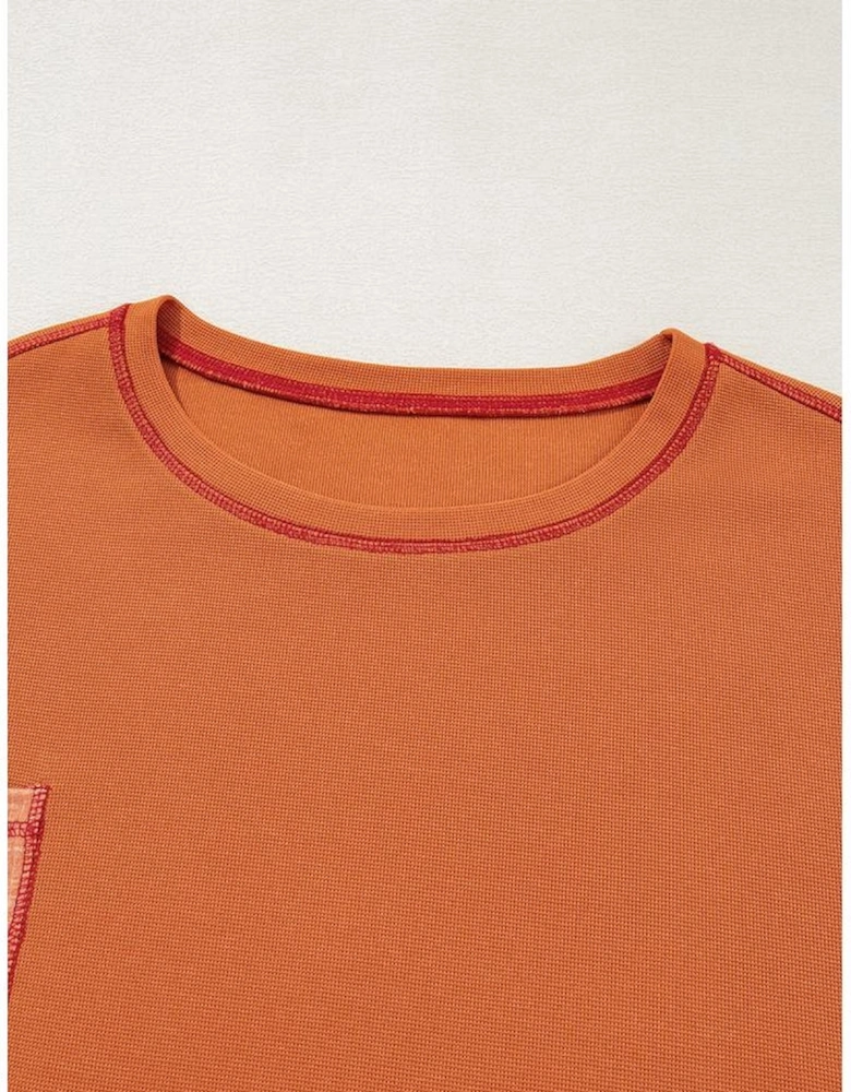 Orange Textured Knit Color Block Patchwork Chest Pocket Plus Size Top