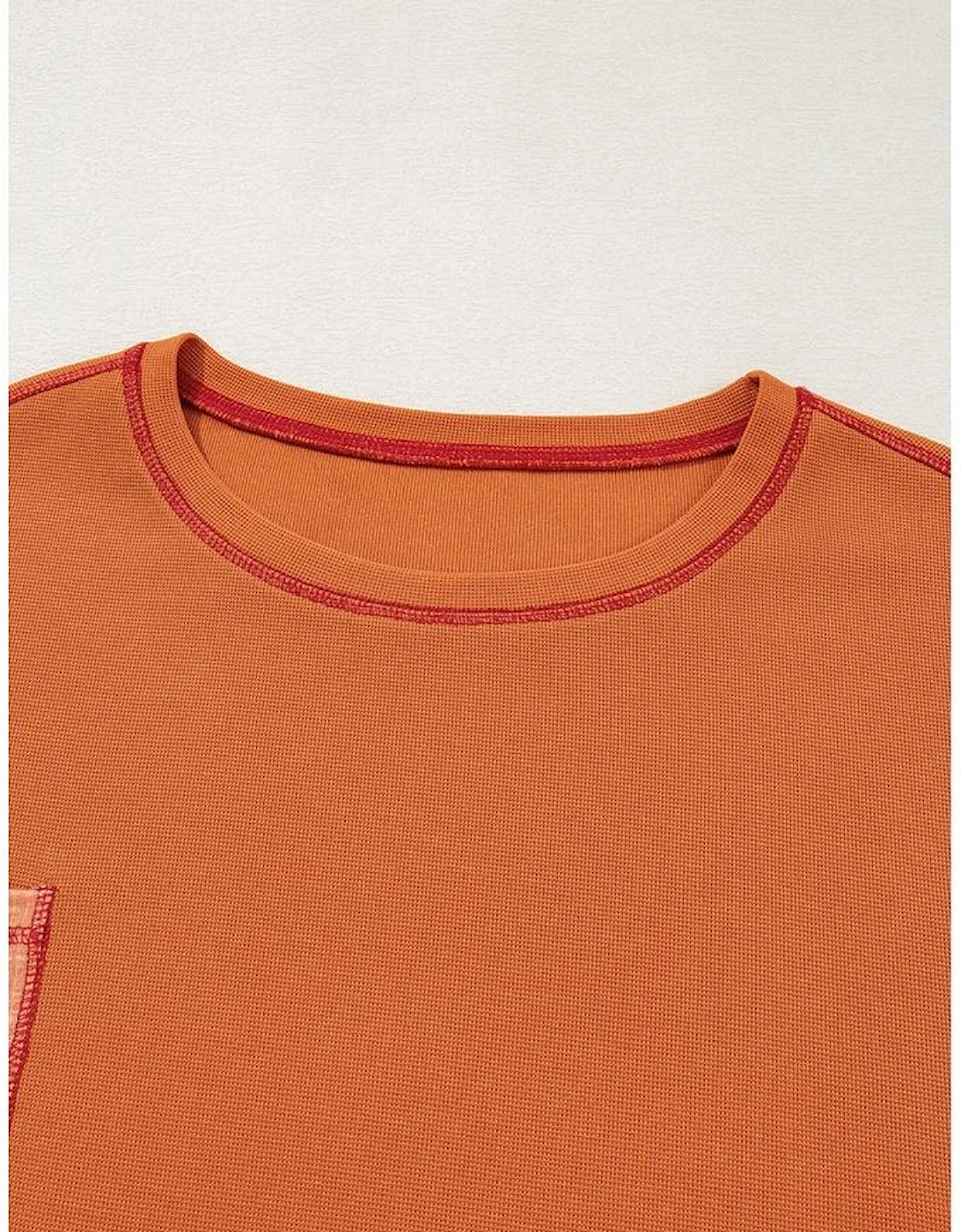 Orange Textured Knit Color Block Patchwork Chest Pocket Plus Size Top