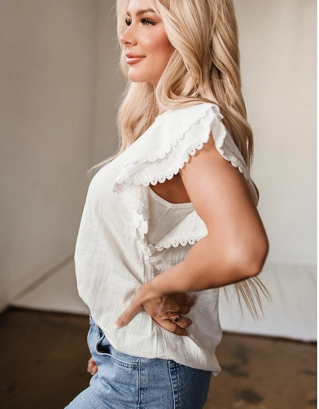 White Crinkled Layered Ruffled Flutter Sleeve Blouse