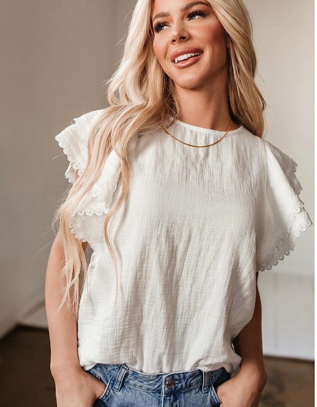 White Crinkled Layered Ruffled Flutter Sleeve Blouse