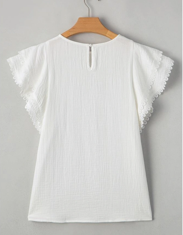 White Crinkled Layered Ruffled Flutter Sleeve Blouse