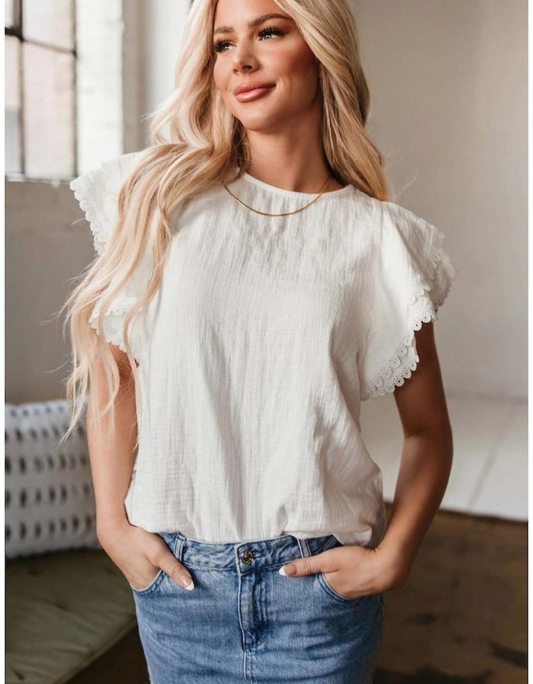 White Crinkled Layered Ruffled Flutter Sleeve Blouse