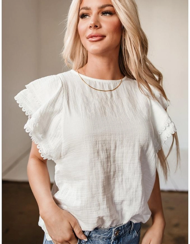 White Crinkled Layered Ruffled Flutter Sleeve Blouse