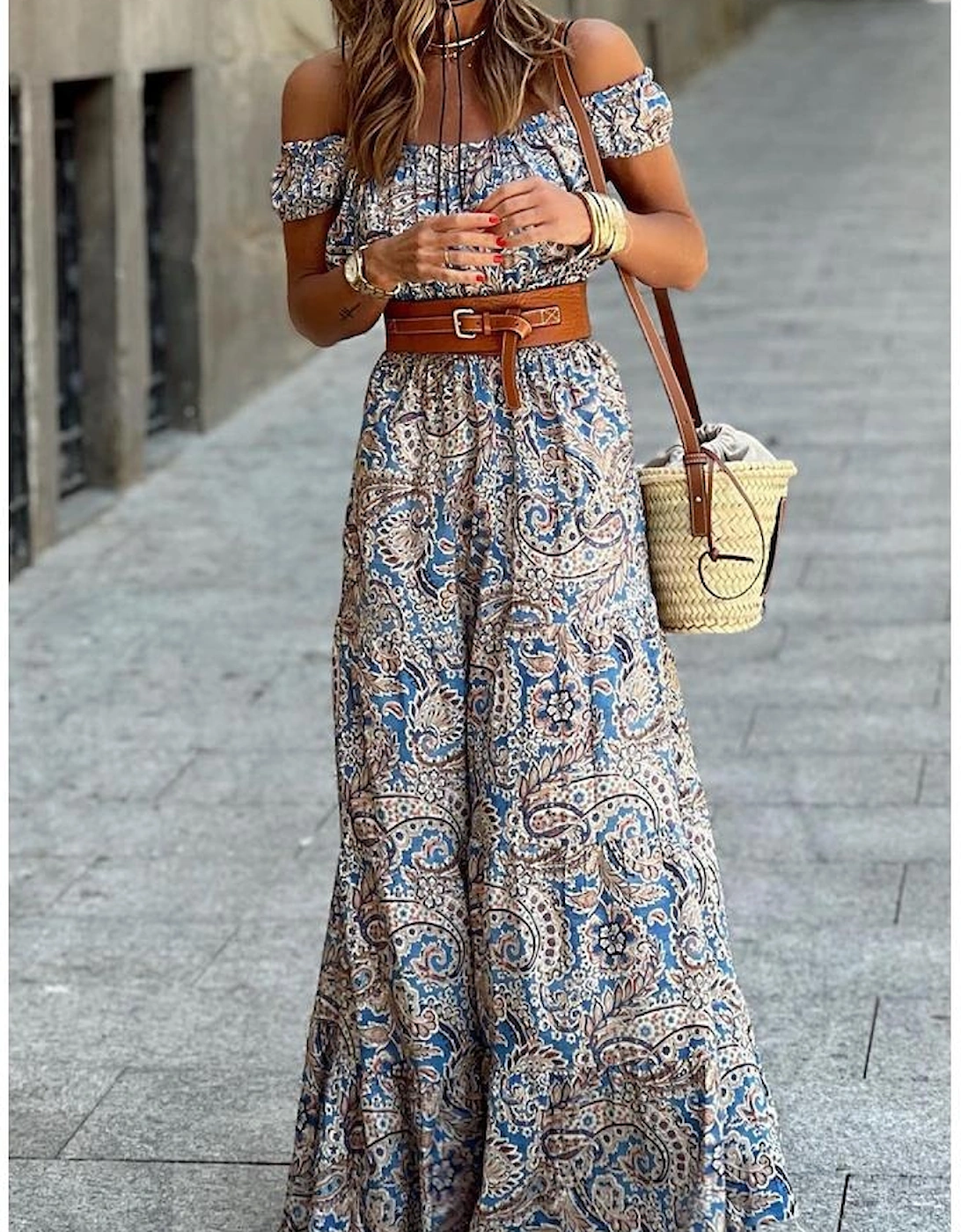 Blue Boho Paisley Print Off Shoulder Maxi Dress, 5 of 4