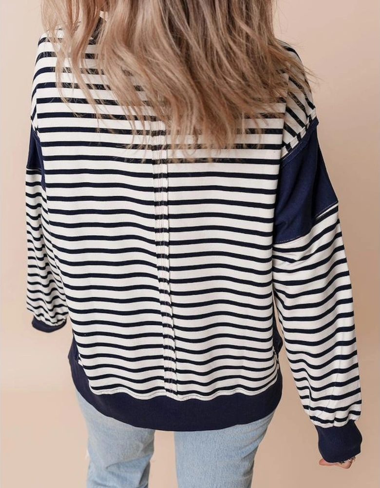 White Stripe Color Block Exposed Seam Loose Fit Sweatshirt