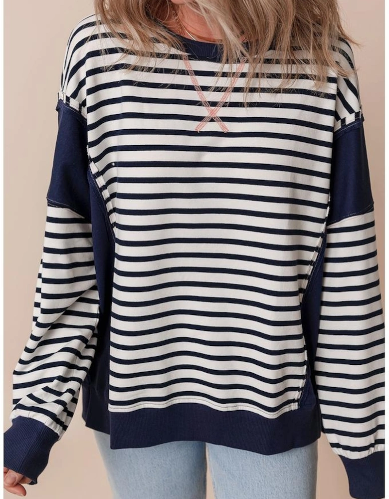 White Stripe Color Block Exposed Seam Loose Fit Sweatshirt