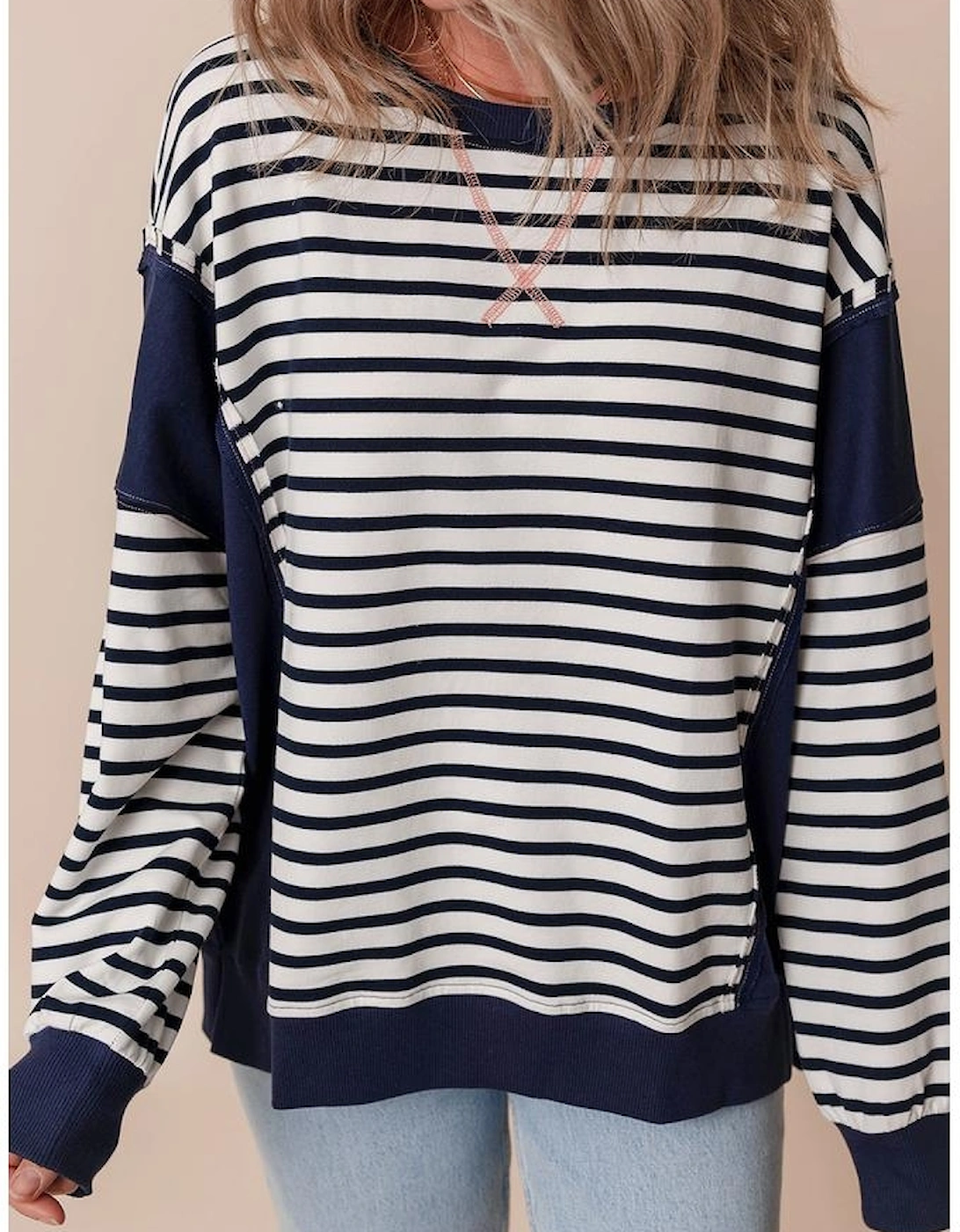 White Stripe Color Block Exposed Seam Loose Fit Sweatshirt