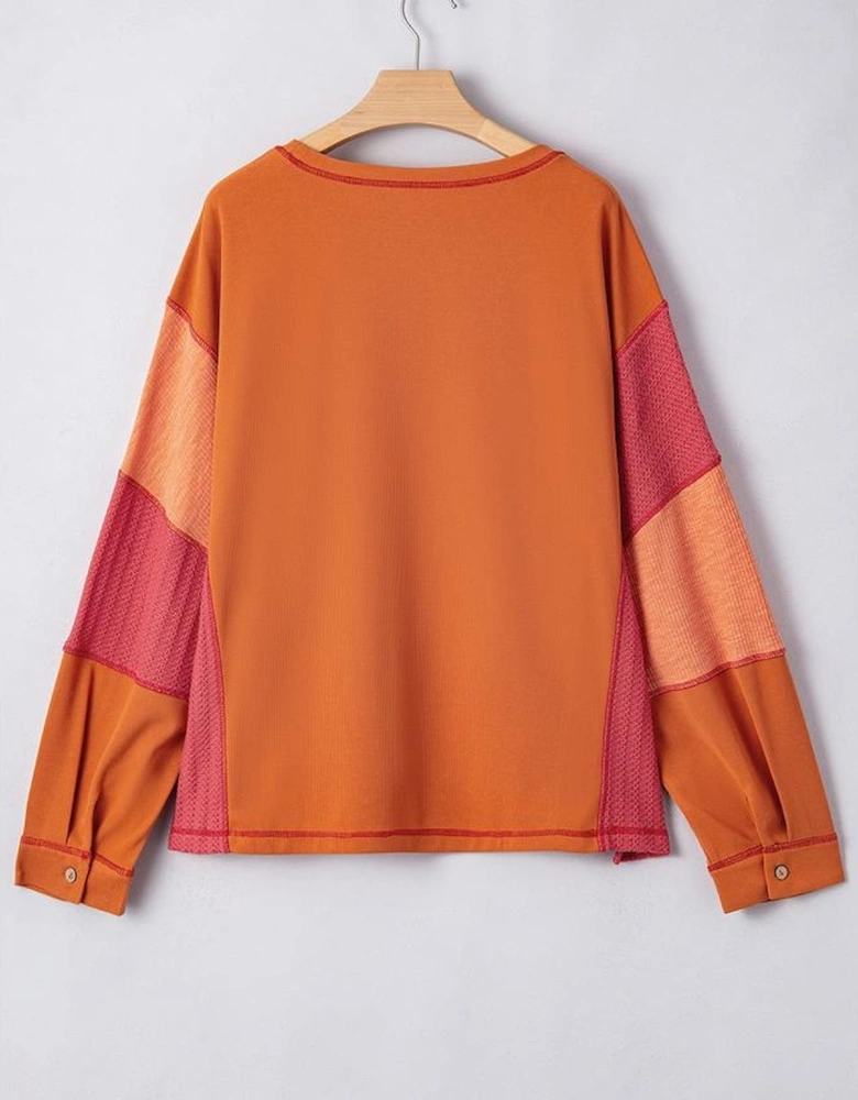 Orange Textured Knit Color Block Patchwork Chest Pocket Plus Size Top