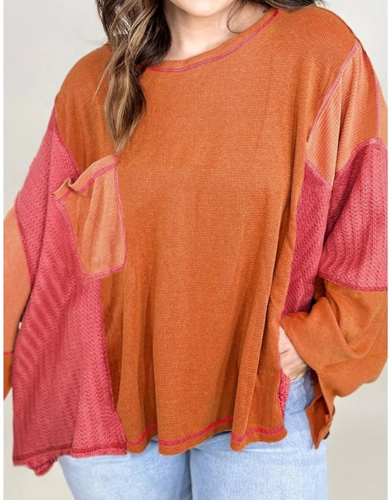 Orange Textured Knit Color Block Patchwork Chest Pocket Plus Size Top