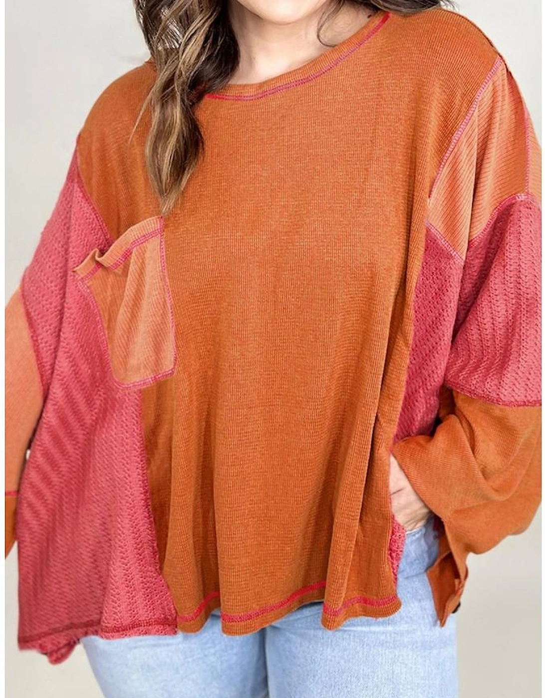 Orange Textured Knit Color Block Patchwork Chest Pocket Plus Size Top