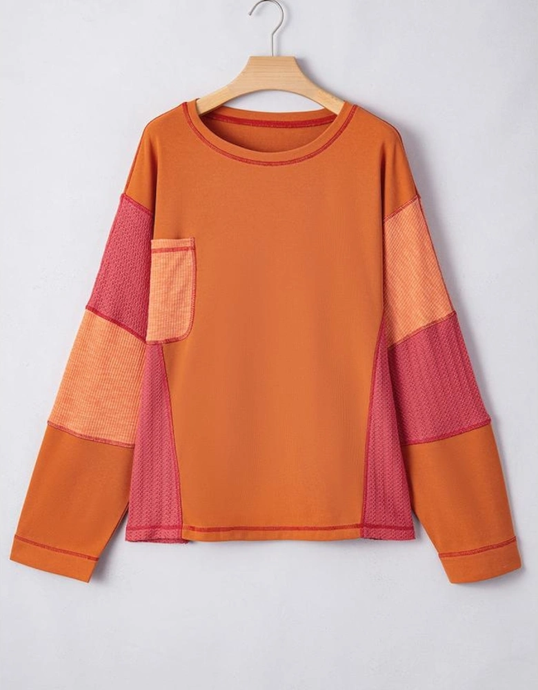 Orange Textured Knit Color Block Patchwork Chest Pocket Plus Size Top
