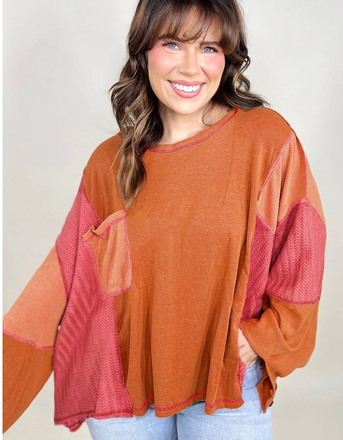 Orange Textured Knit Color Block Patchwork Chest Pocket Plus Size Top