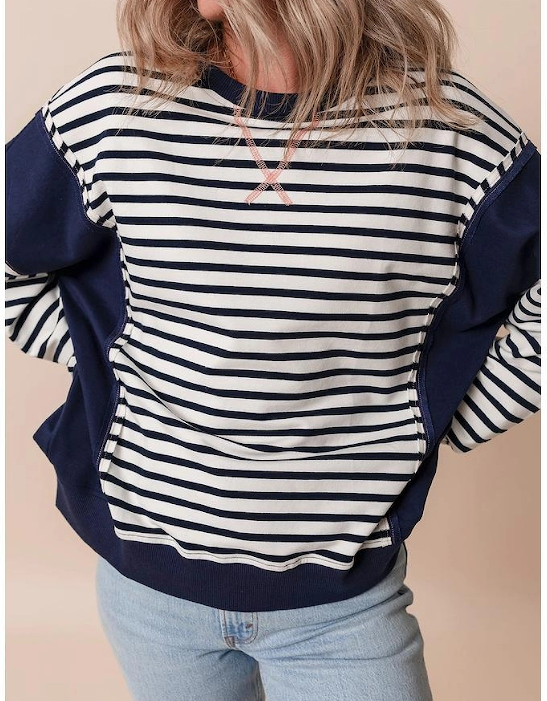 White Stripe Color Block Exposed Seam Loose Fit Sweatshirt