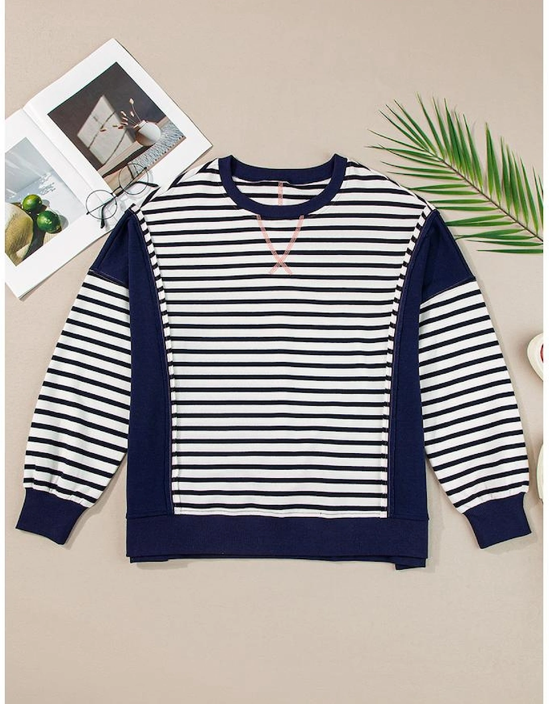 White Stripe Color Block Exposed Seam Loose Fit Sweatshirt