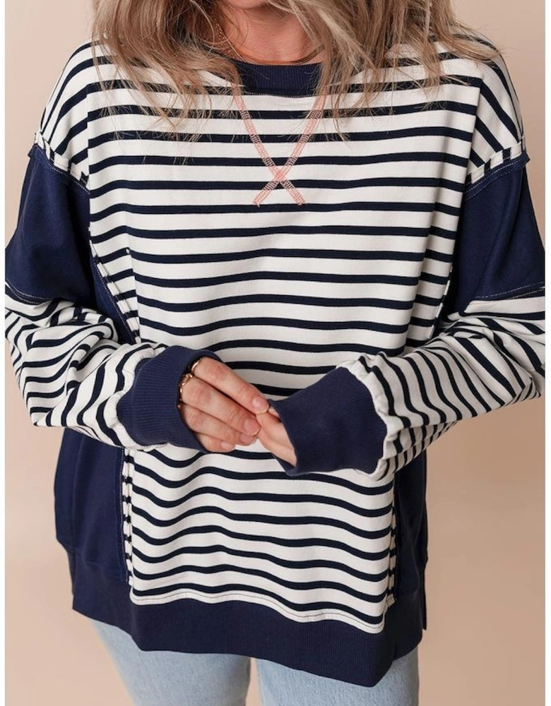 White Stripe Color Block Exposed Seam Loose Fit Sweatshirt