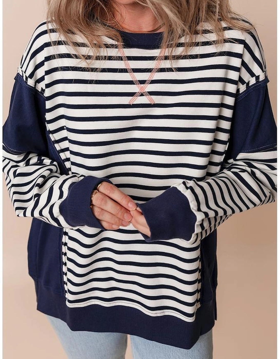 White Stripe Color Block Exposed Seam Loose Fit Sweatshirt